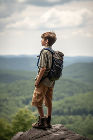 a young hiker looking out at the view, created with generative aiの素材