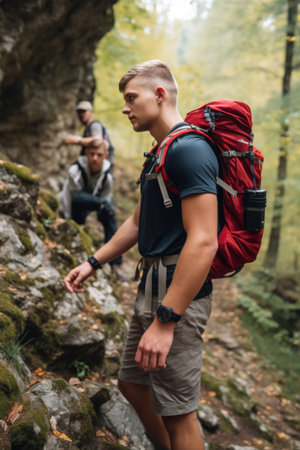 a young man looking at his watch while standing next to his hiking partner, created with generative aiの素材