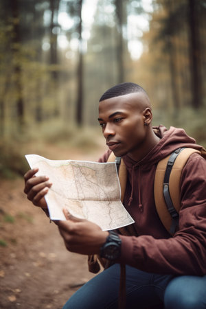 a young man using a map while exploring the outdoors, created with generative aiの素材