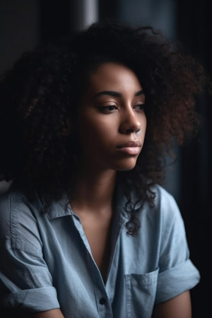 sad, depressed and black woman feeling alone in her room at home, created with generative aiの素材