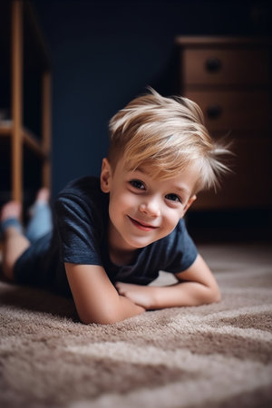 shot of an adorable little boy lying on the floor in his bedroom at home, created with generative aiの素材
