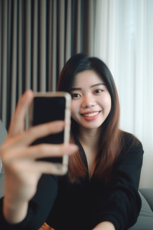 phone, woman and portrait in home living room for video call with smile on face, created with generative aiの素材