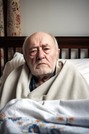 sick, elderly and man with fever in a home bedroom to recover after illness, created with generative aiの素材