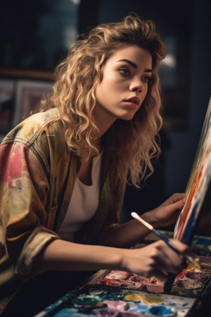 shot of a young woman looking surprised while painting, created with generative aiの素材