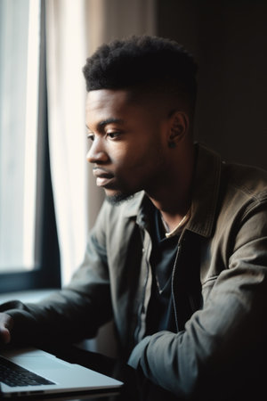 cropped shot of a young man working on his laptop at home, created with generative aiの素材