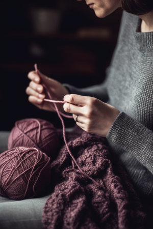 shot of a woman working on her knitting, created with generative aiの素材