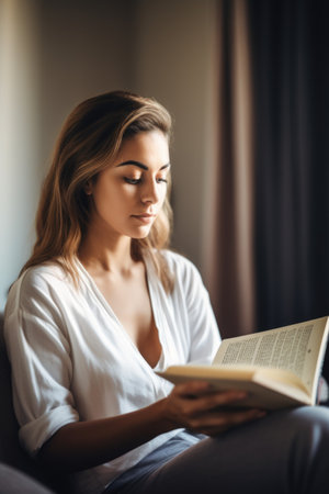 shot of an attractive young woman reading a book while relaxing at home, created with generative aiの素材