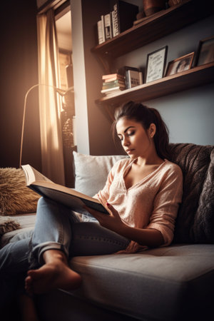 shot of an attractive young woman reading while relaxing on the sofa, created with generative aiの素材