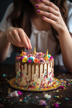 cropped image of a young woman pulling down on a birthday cake, created with generative aiの素材