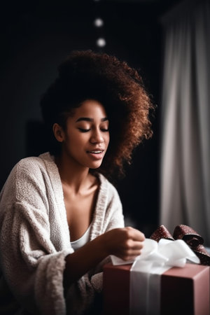 shot of a young woman opening her christmas gifts, created with generative aiの素材