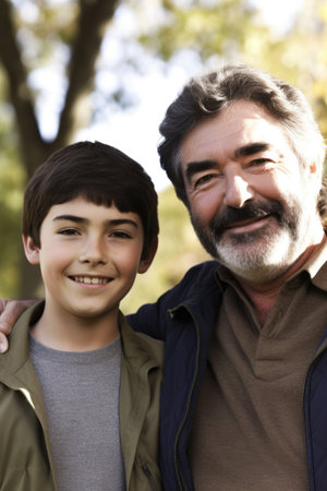 portrait of a happy father and son standing outdoors, created with generative aiの素材