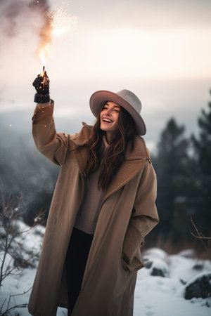 shot of a woman celebrating new years in the outdoors, created with generative aiの素材