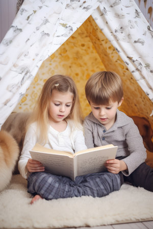 shot of a cute little girl reading with her brother, created with generative aiの素材