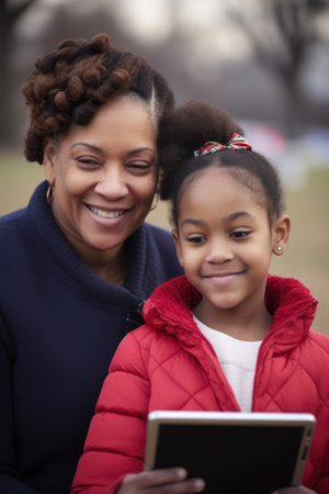 portrait of a mother giving her daughter a digital tablet on christmas, created with generative aiの素材