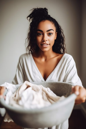 shot of an attractive young woman holding the laundry she just washed at home, created with generative aiの素材