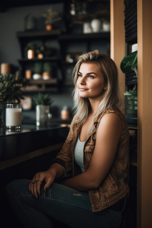 shot of a young woman in her home, created with generative aiの素材