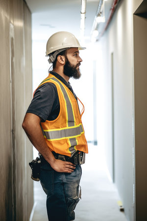 shot of a young male contractor standing in the hallway, created with generative aiの素材