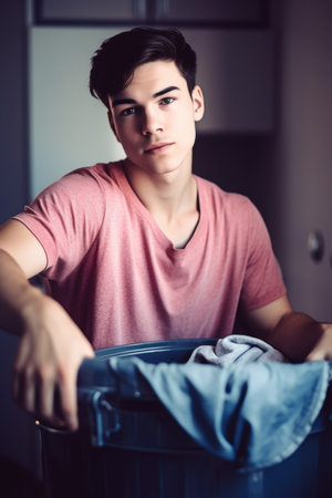 cropped portrait of a handsome young man doing laundry at home, created with generative aiの素材