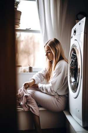 shot of a young woman taking laundry out of the washing machine at home, created with generative aiの素材