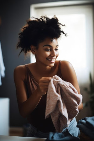shot of a young woman folding laundry at home, created with generative aiの素材