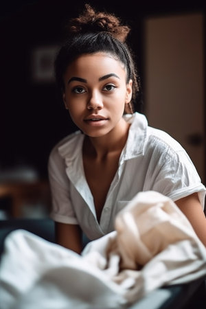 shot of a young woman folded laundry at home, created with generative aiの素材