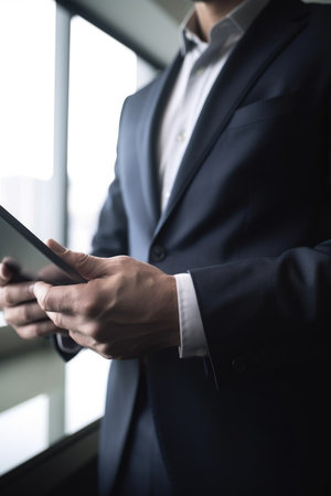 closeup shot of an unrecognisable businessman using a digital tablet in the office, created with generative aiの素材