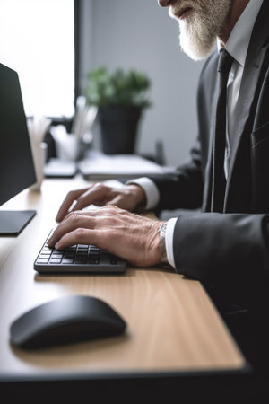 cropped shot of an unrecognizable caucasian man using a computer in his office, created with generative aiの素材