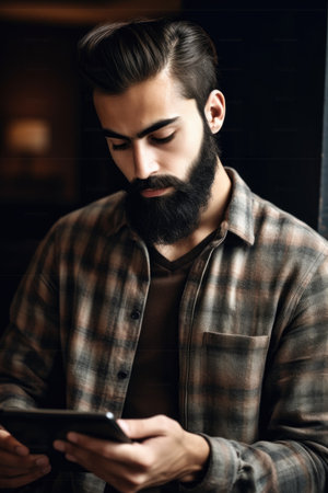 portrait of a handsome young man using his digital tablet, created with generative aiの素材