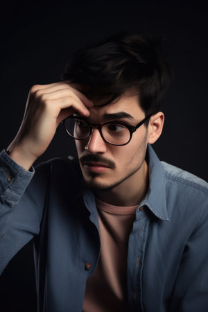 studio shot of a young man trying to find his glasses, created with generative aiの素材