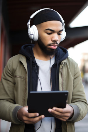 a young man wearing headphones and holding a digital tablet, created with generative aiの素材