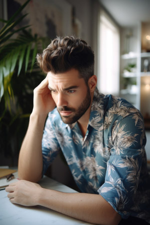shot of a handsome male designer looking stressed out while working, created with generative aiの素材