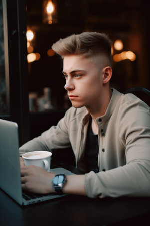 a handsome young man drinking coffee while using his laptop, created with generative aiの素材