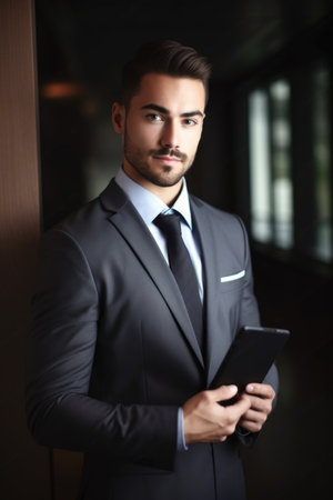 a handsome young businessman holding a digital tablet, created with generative aiの素材