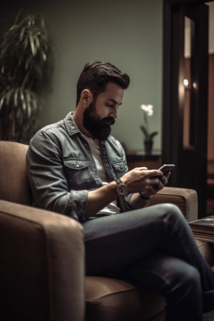 man using his phone while sitting on the sofa at home, created with generative aiの素材