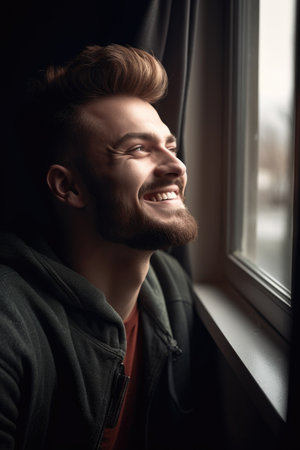 shot of a happy young man looking out of the window, created with generative aiの素材