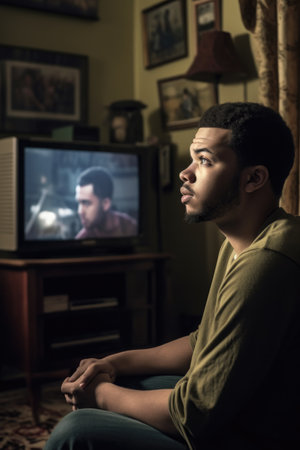 a young man watching tv in front of his laptop, created with generative aiの素材