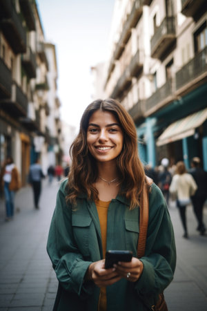 portrait of an attractive young woman using a cellphone while traveling through the city, created with generative aiの素材