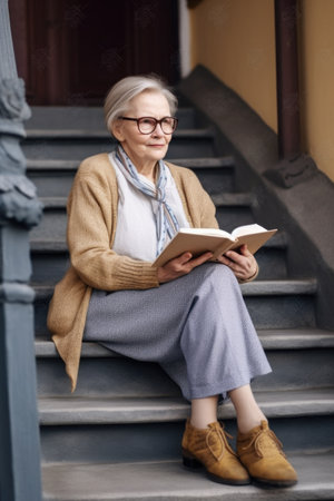 portrait of a senior woman reading a book while sitting on the steps outside, created with generative aiの素材