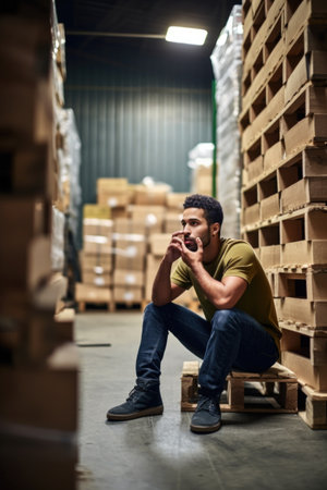 shot of a young man talking on his cellphone while working in the warehouse, created with generative aiの素材