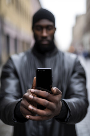 man, black hands and smartphone in city street to send message, created with generative aiの素材