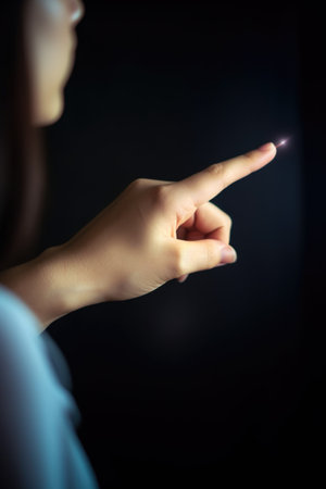 woman, hand and pointing in studio for web search, online marketing or website vision, created with generative aiの素材