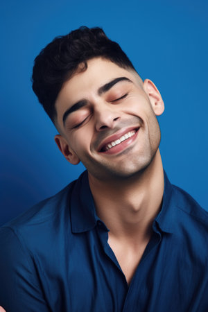 handsome young latino man posing with his eyes closed and smiling against a blue background, created with generative aiの素材