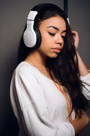 high angle shot of a young latino woman standing alone in studio and wearing headphones, created with generative aiの素材