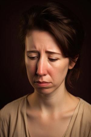 face, sad and woman portrait in studio isolated on a brown background for depression, created with generative aiの素材