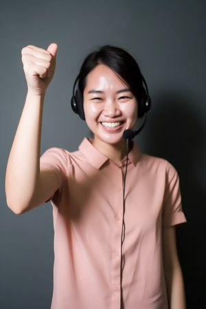 hand, call center and smile of woman in studio for support, motivation or thank you, created with generative aiの素材