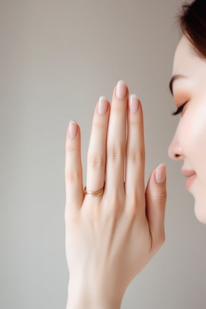 hand, call center and smile of woman in studio for support, motivation or thank you, created with generative aiの素材