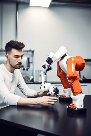 shot of a young man having coffee while his robotic counterpart is working in the background, created with generative aiの素材