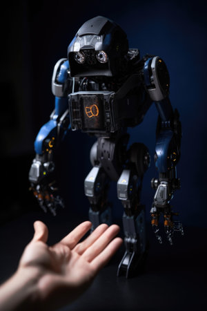 shot of a robot and a human hand in front of the camera, created with generative aiの素材