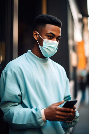 shot of a young man wearing a face mask while using his cellphone, created with generative aiの素材