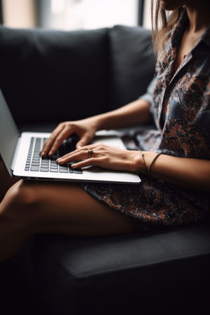 cropped shot of a woman using her laptop while sitting on the sofa at home, created with generative aiの素材